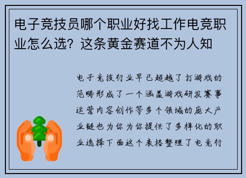 电子竞技员哪个职业好找工作电竞职业怎么选？这条黄金赛道不为人知